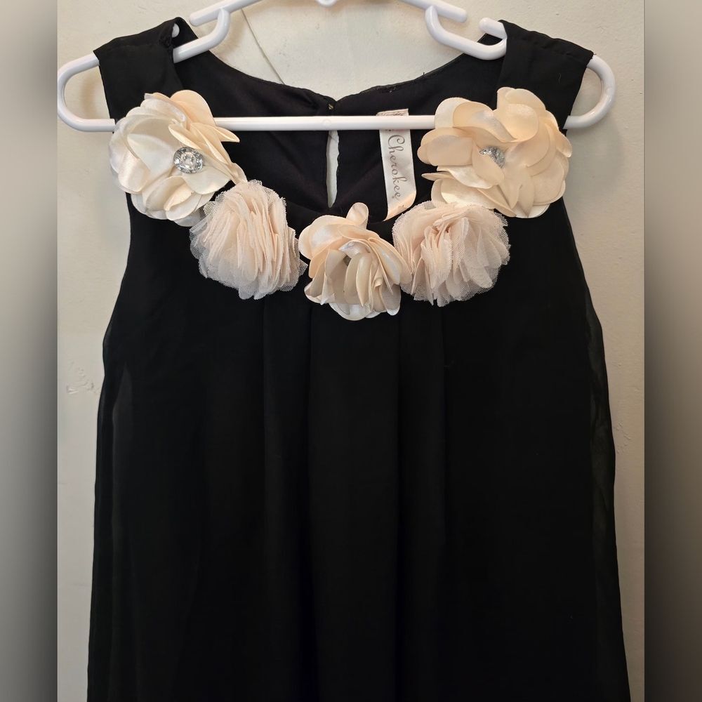 🧡 Cherokee Black Dress with Cream Floral Accents Kids M - Picture 6 of 7
